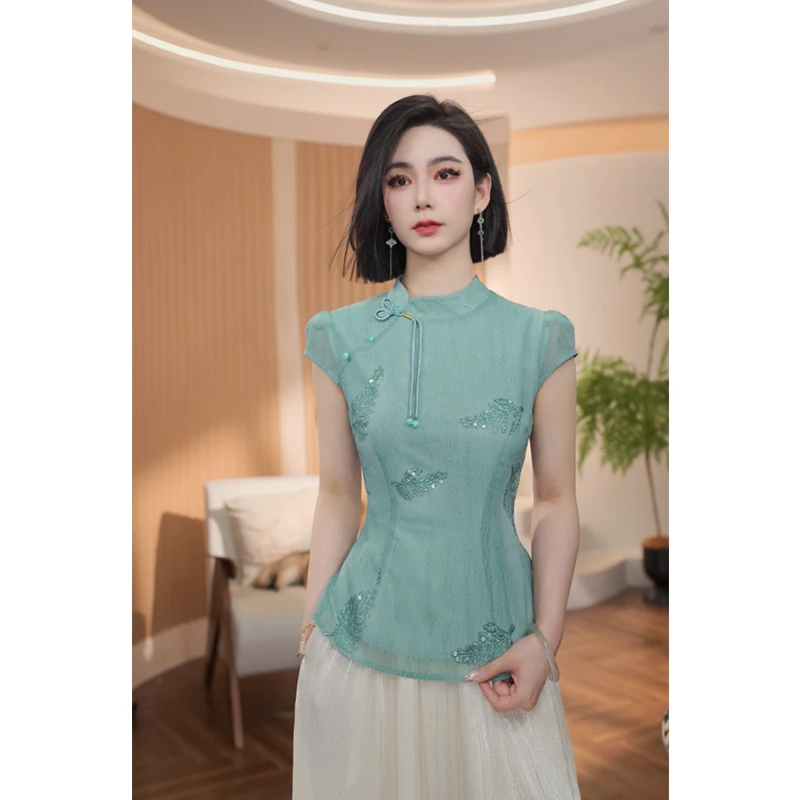 格娜新中式高端重工刺绣上衣夏季优雅文艺气质显瘦夏季女上衣