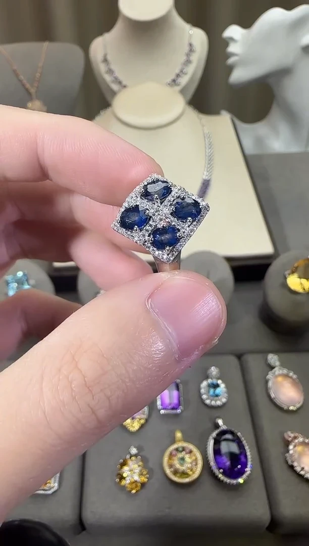 戒指蓝宝石银S925镶嵌4*6mm戒指高级款