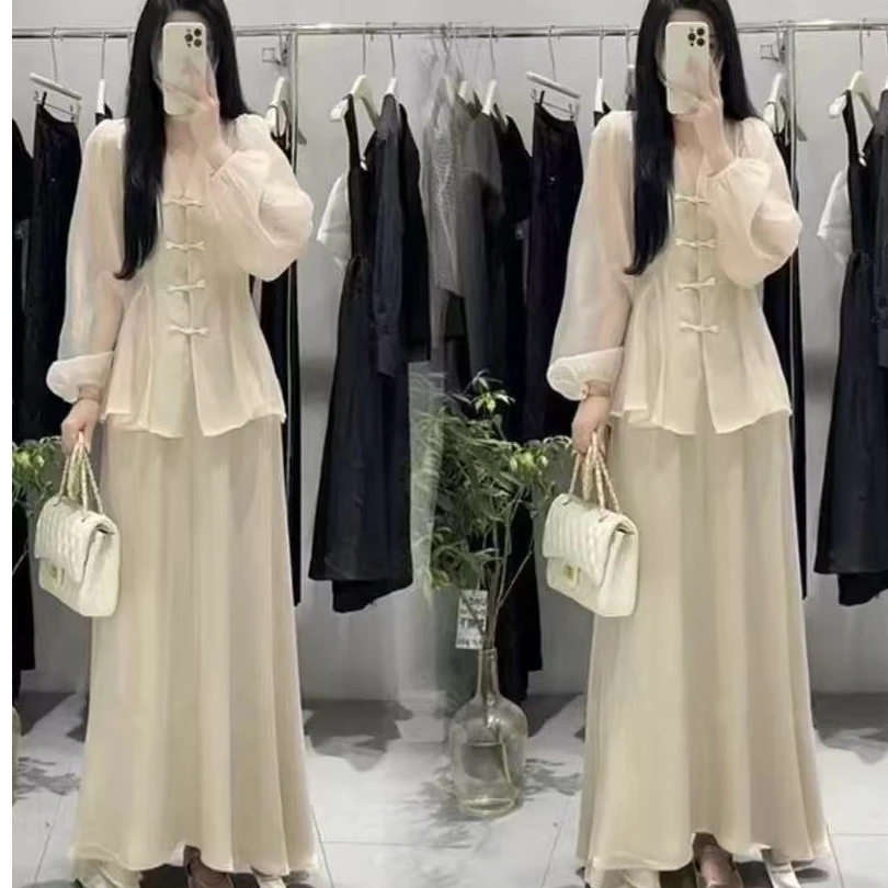 9906-C-两件套设计感珠光防晒袖带里衬加长款A版裙质感大码两件套