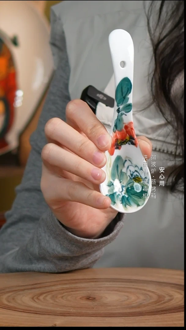 瓷瓷瓷景德镇高温手绘釉下彩陶瓷 双荷小勺