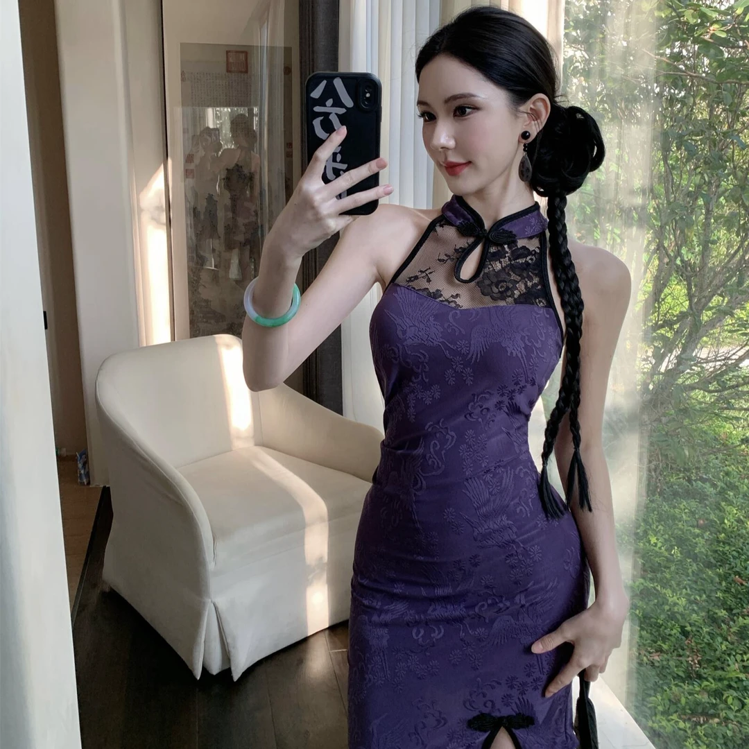 性感名媛复古新中式无袖蕾丝拼接旗袍裙女人味修身提花包臀连衣裙
