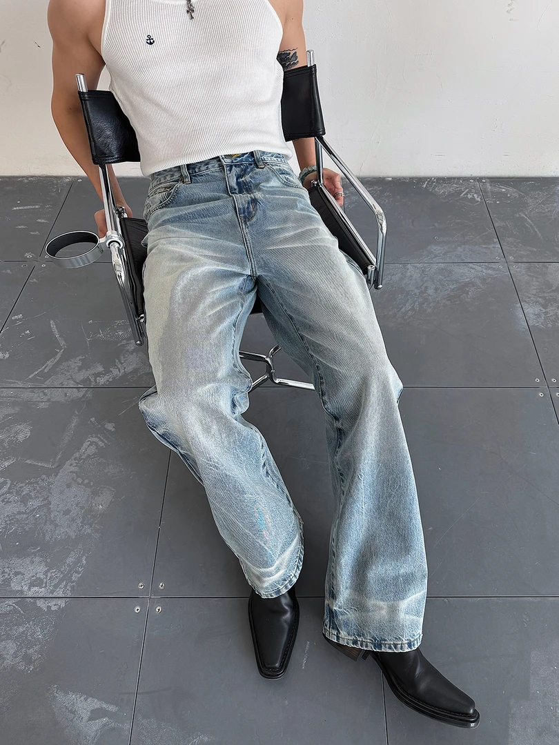 weave 夏日神裤 冰蓝色渐变猫须宽松直筒牛仔裤挺阔全棉浅色