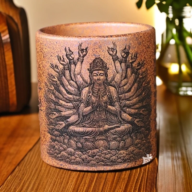 正宗一等品原矿紫砂柴烧千手观音手工刻绘主人杯宜兴茶杯大容量