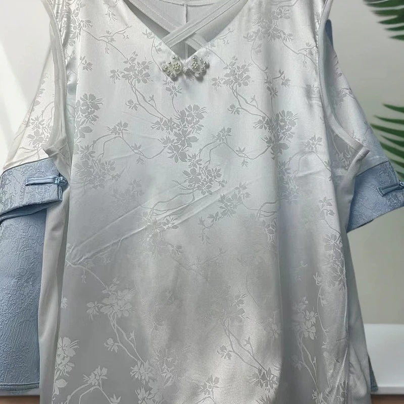 新中式复古盘扣交叉带设计打底百搭美背坎袖大码背心时尚