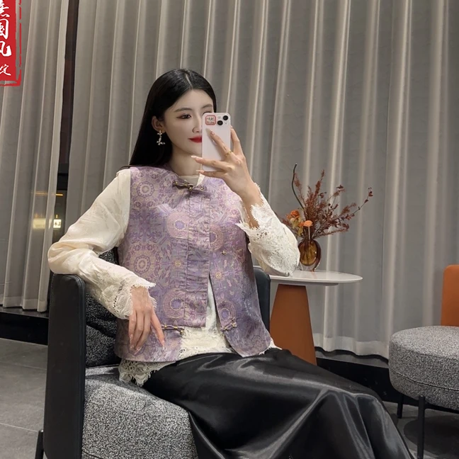 【紫瑶】2025新款春季马甲新中式宽松显瘦圆领提花气质上衣马夹女款