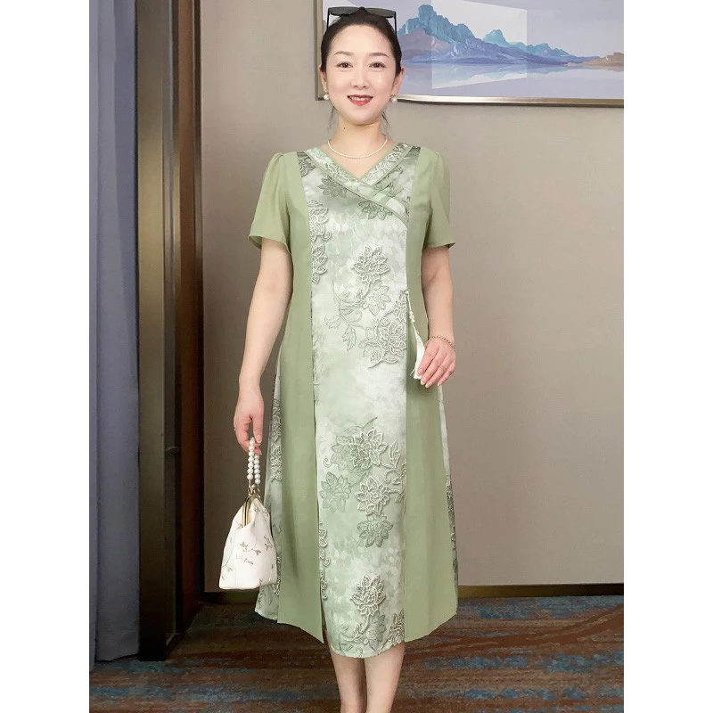 气质妈妈夏装新中式连衣裙2025夏季新款中年女短袖国风印花长裙子