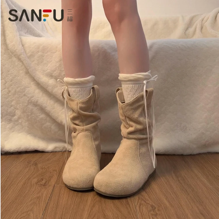 三福小众勃肯小短靴女2025新款西部靴秋冬套筒堆堆靴显瘦短筒靴子