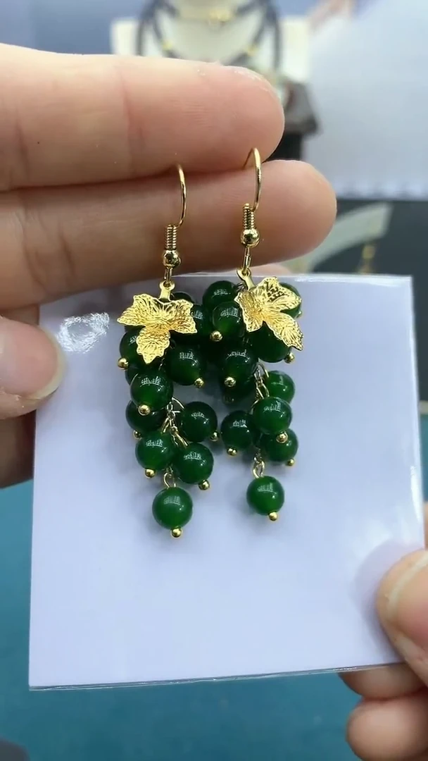 【闪购商品】和田玉耳饰14K金镶嵌碧玉葡萄耳钩