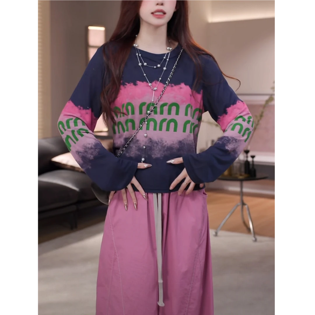 韩版扎染字母印花圆领薄款长袖T恤女2025秋季新款百搭显瘦上衣ins