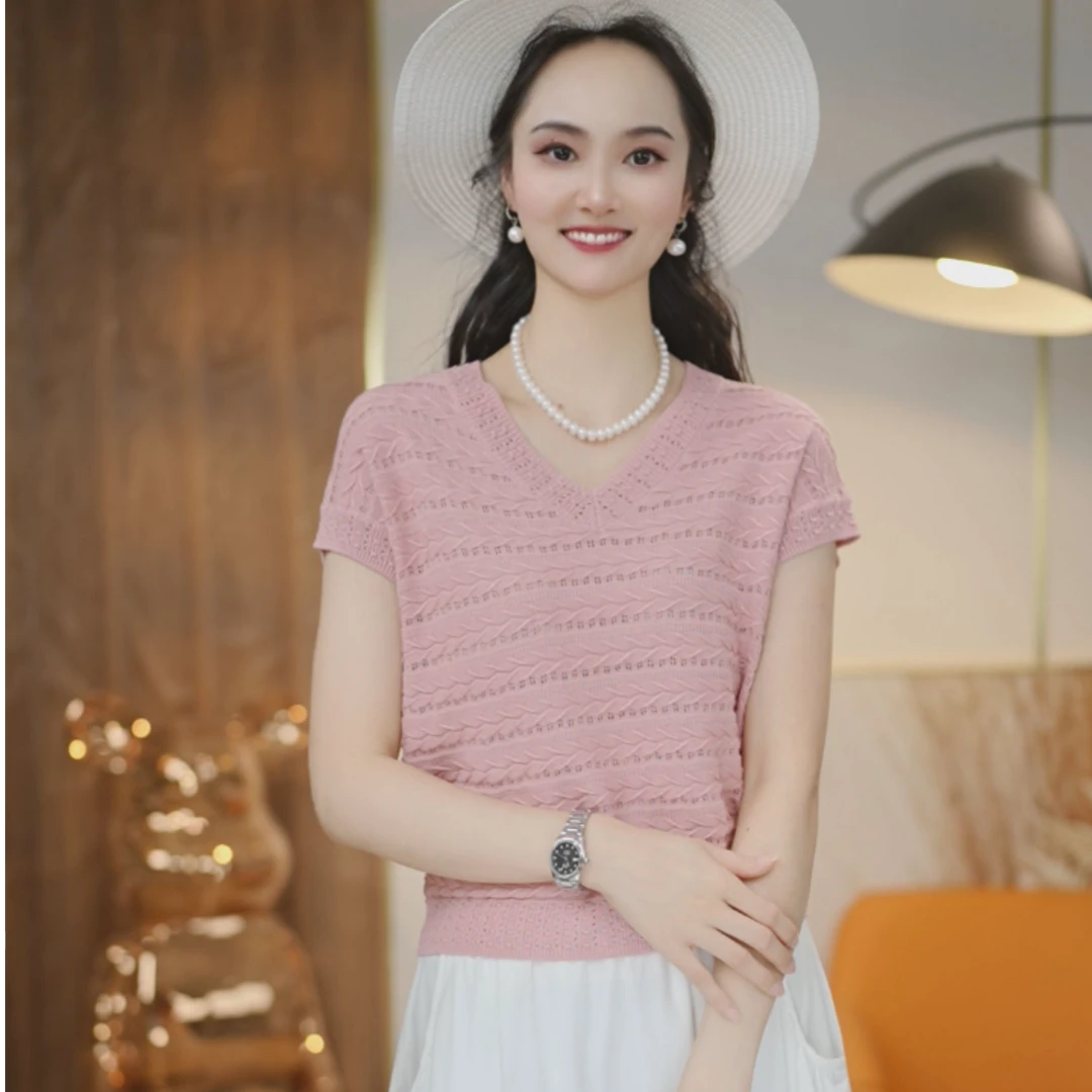 （含天丝桑蚕丝）轻薄~透气夏季优雅纯色气质V领设计感短袖9206