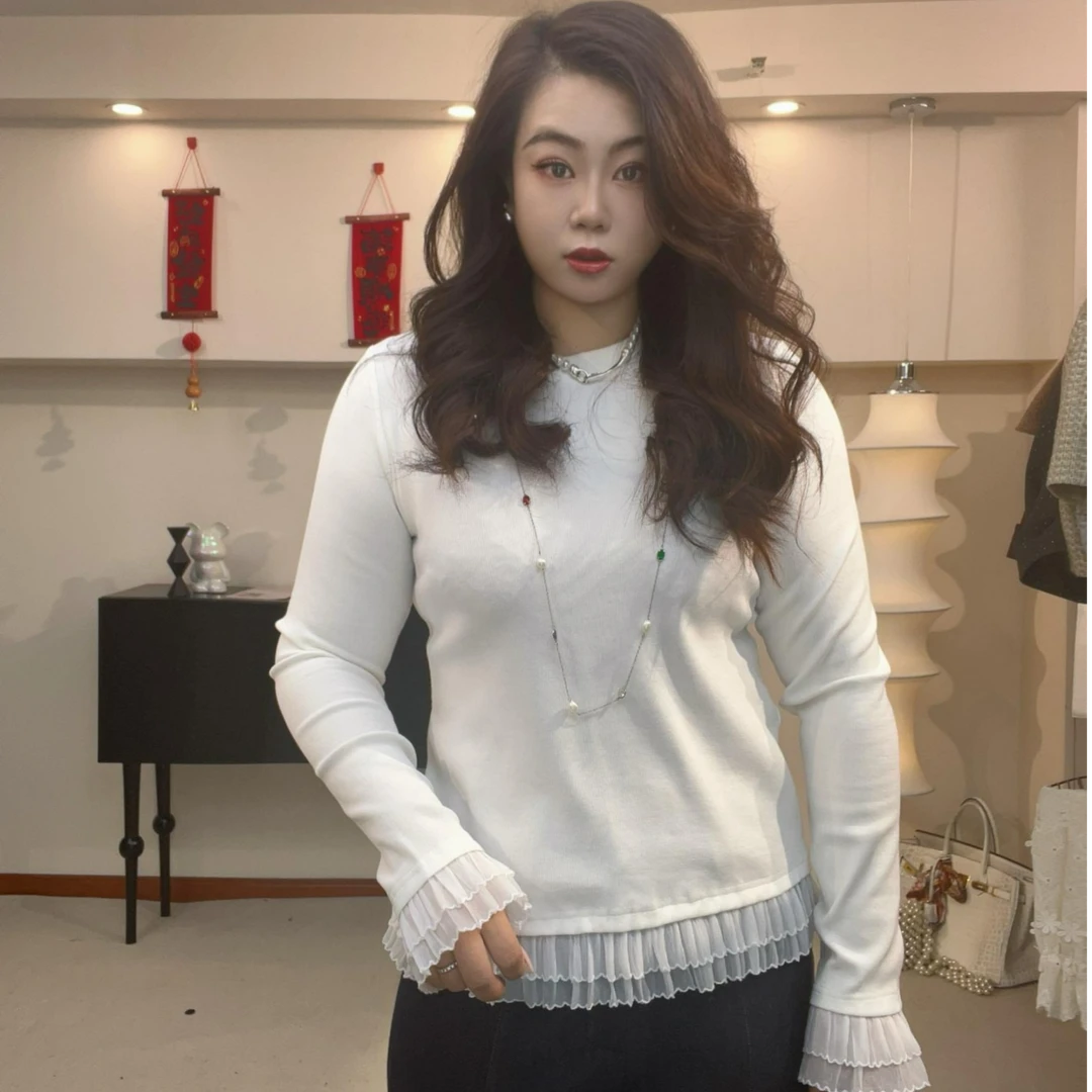 袖口下摆双层蕾丝花边螺纹套头长袖时尚打底修身女士百搭T恤衫