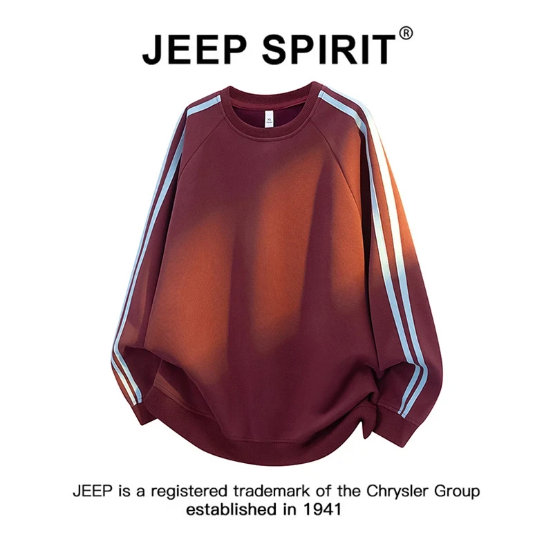 Jeep吉普美式条纹圆领卫衣男士春秋季潮牌宽松运动套头打底衫上衣