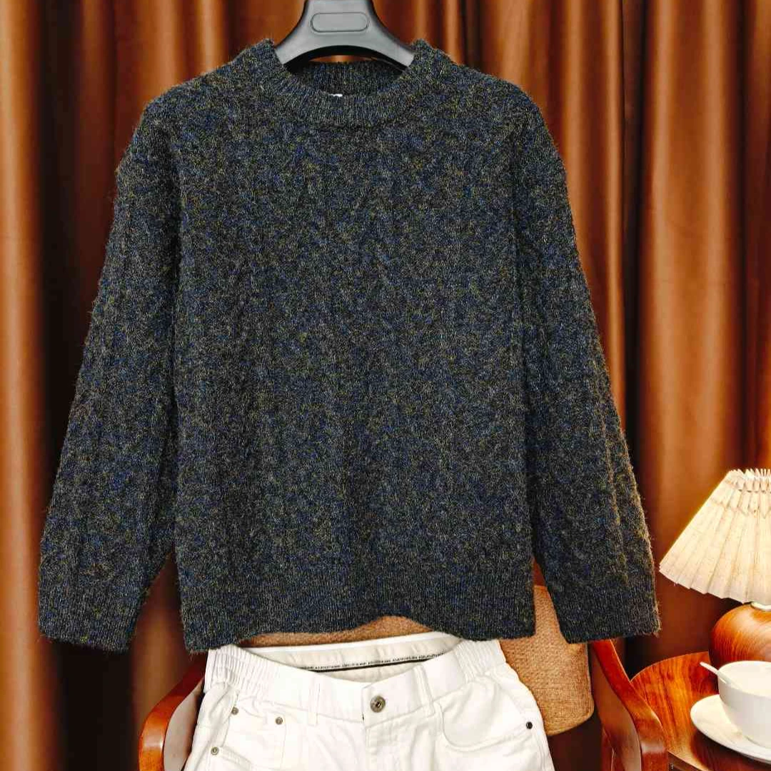 【G500】重磅松弛慵懒风柔软保暖圆领男秋冬混色纱线麻花肌理T恤