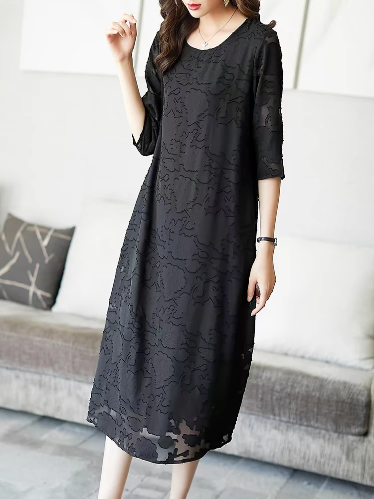 大码连衣裙五分袖韩版长裙斜肩宽松腰七分袖常规拼接