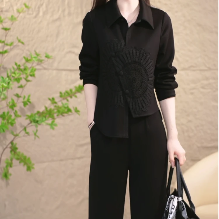 春季新款翻领时尚暗压褶带气质显瘦连衣裙阔腿裤两件套