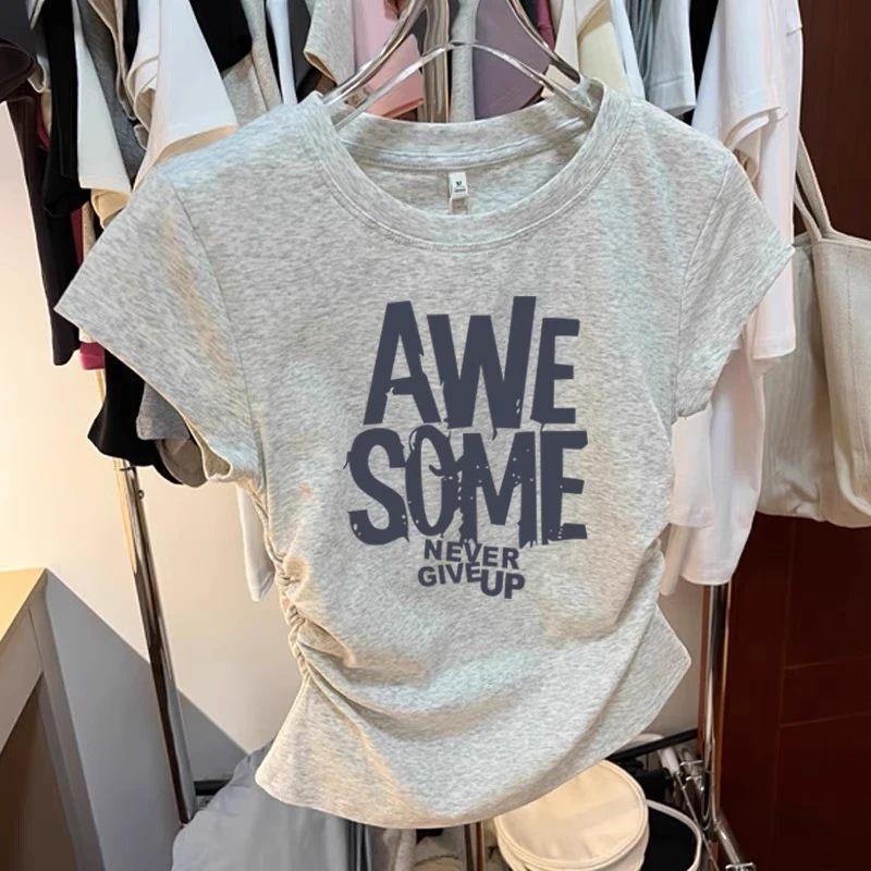 不规则褶皱纯棉圆领短袖t恤女夏季设计感修身短款正肩体恤女上衣