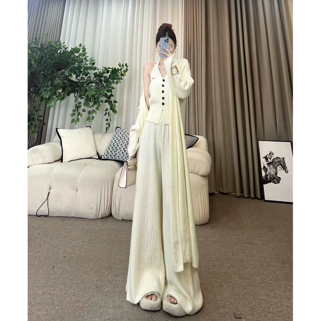 XIAOQIN【冬日午后】秋冬挂脖毛织上衣长开衫直筒阔腿裤套装T277
