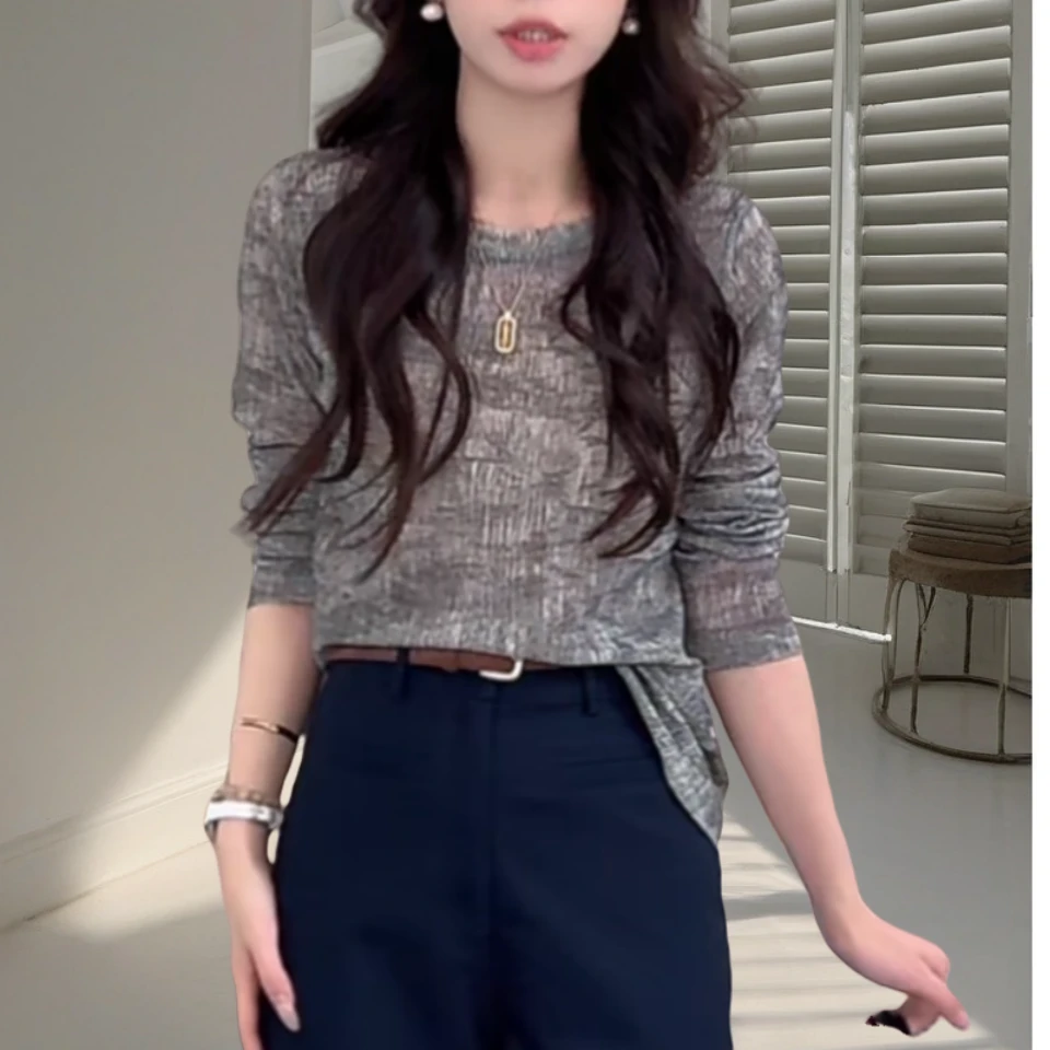 2025春夏新款简约气质休闲圆领T恤宽松百搭长袖打底上衣