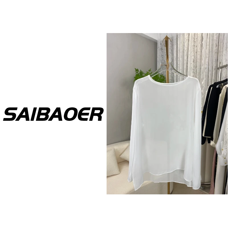 【赛宝儿高定】#10021 高级感宽松慵懒圆领衬衫乔其纱长袖防晒罩衫