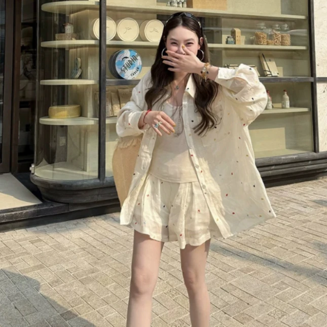 Lei 夏季衬衫长袖刺绣常规外套宽松型长款女士防晒休闲套装 H0185