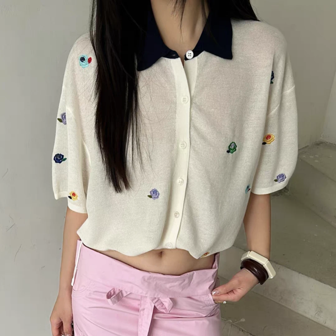【济州岛】玫瑰花刺绣设计polo领针织短袖开衫