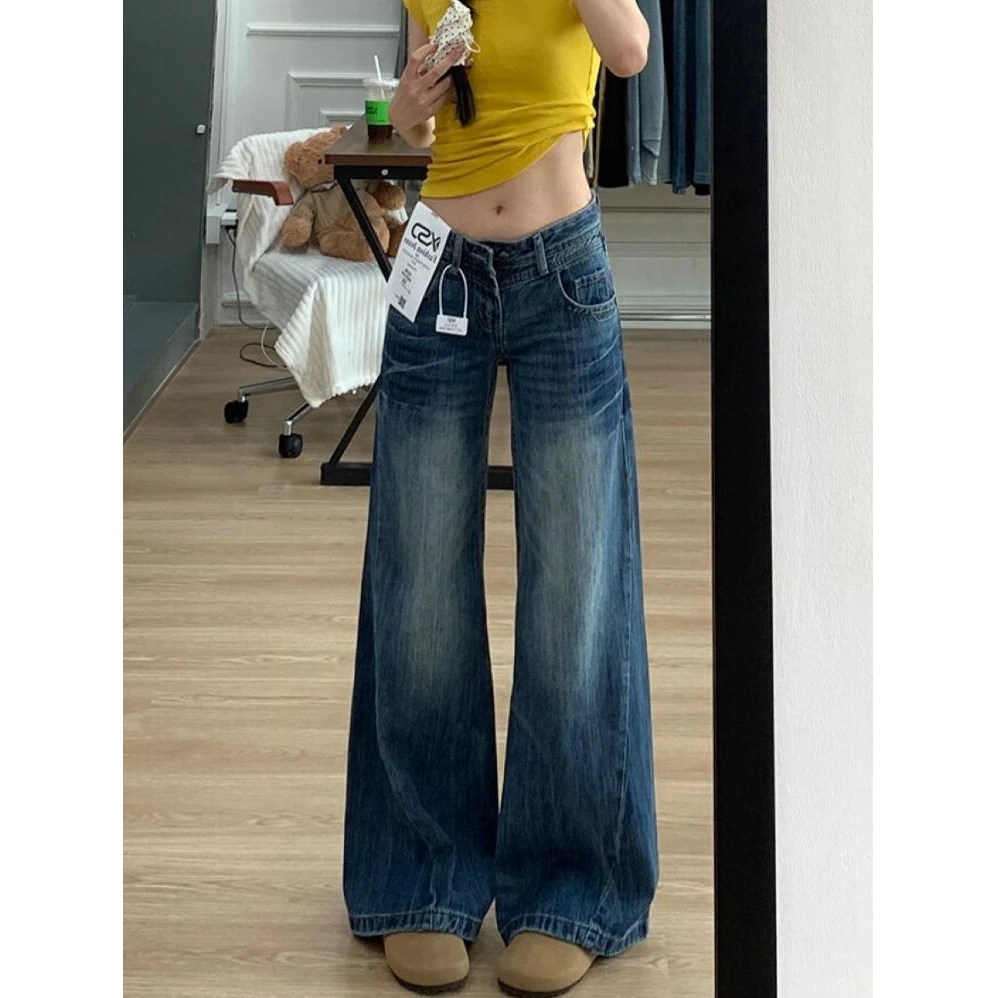 美式复古微喇牛仔裤女2025秋季新款低腰显瘦宽松拖地直筒阔腿裤子