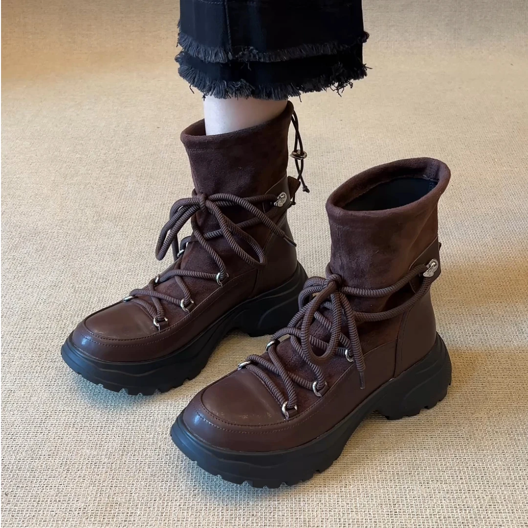 nnmiss·34-40/5.5cm运动风厚底系带马丁靴百搭复古圆头弹力瘦瘦靴