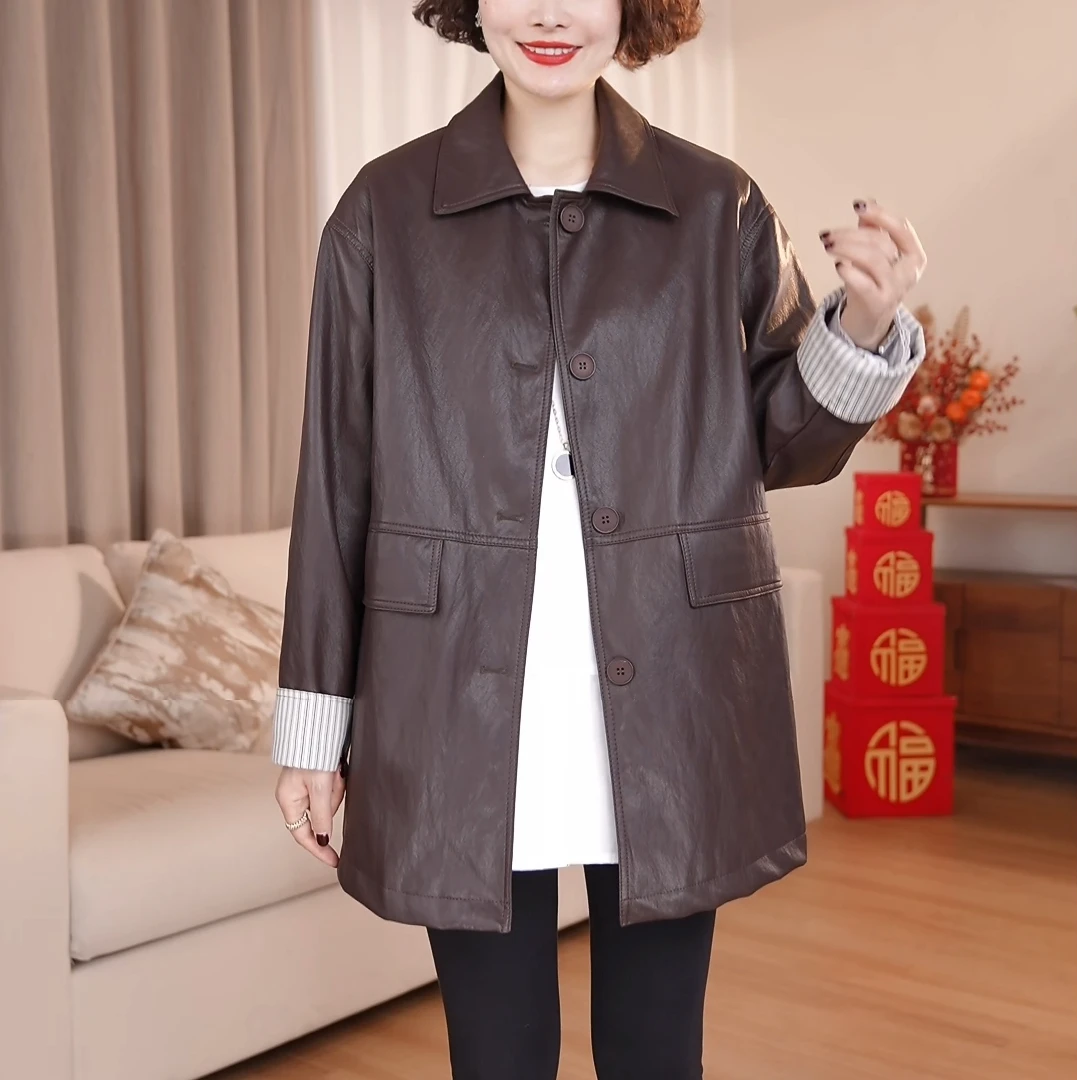 【定制】气质百搭大码皮衣女春秋中长款拼接休闲宽松PU皮外套