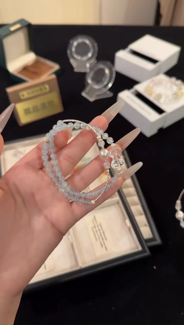 水晶手链银S925镶嵌海蓝宝双圈x656