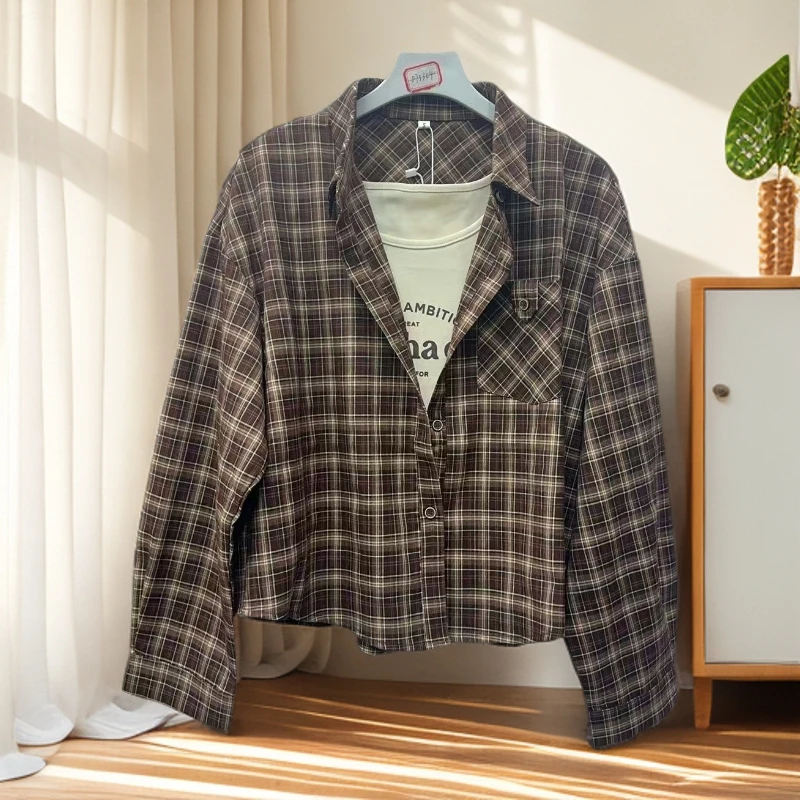 1048#春秋款POLO领格子下摆抽绳短外套衬衫+背心套装