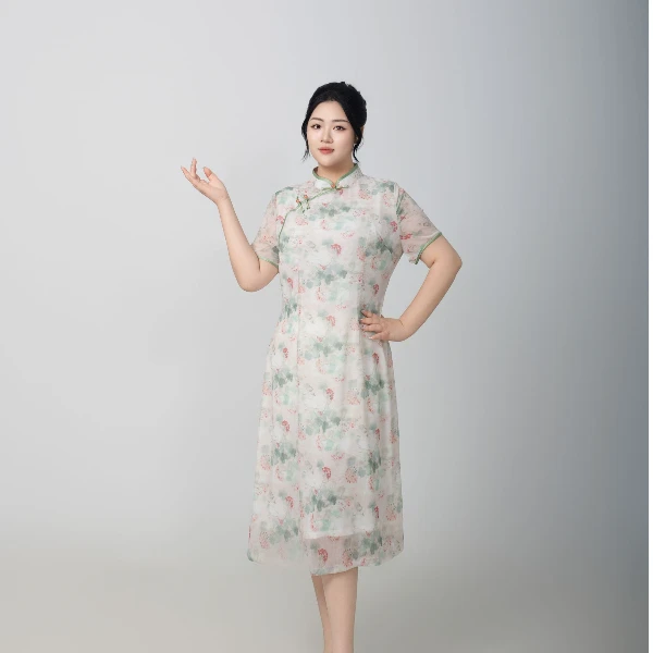 【清荷】初夏复古新中式大码旗袍弹力印花连衣裙