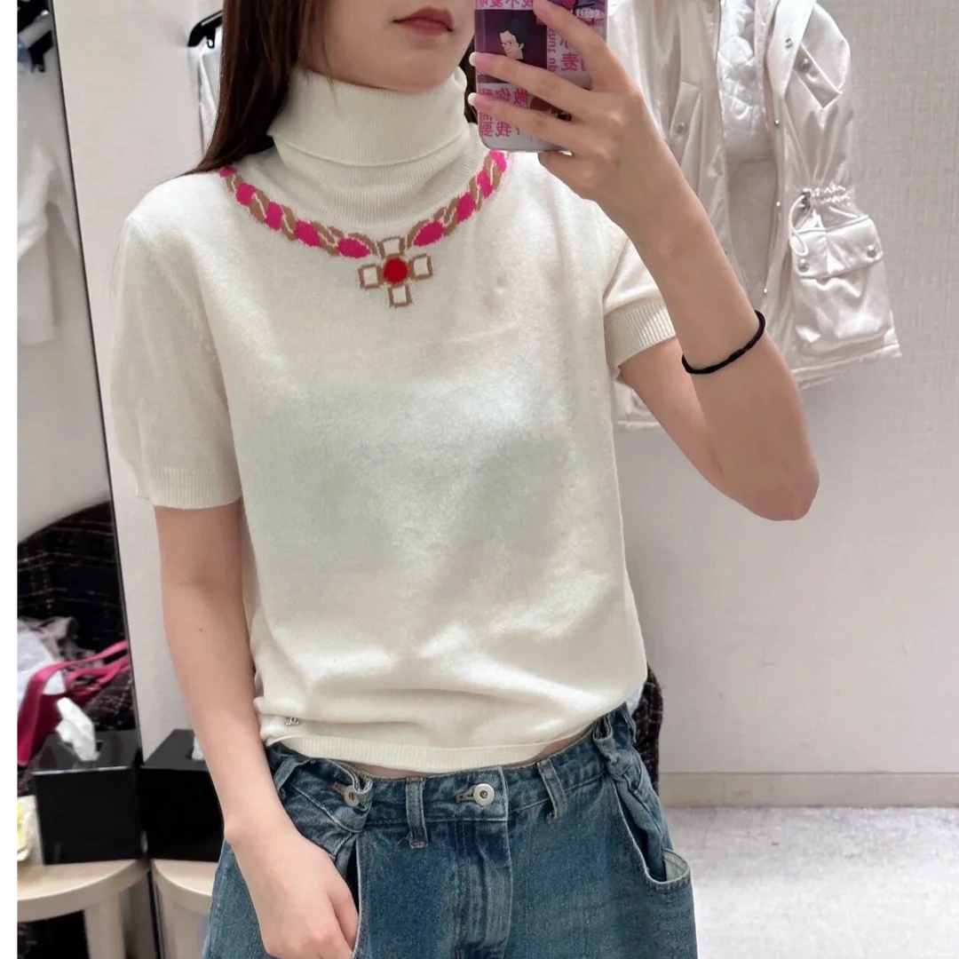 99新 Chanel/香奈儿 34码乳白色粉色宝石项链高领针织短袖上衣