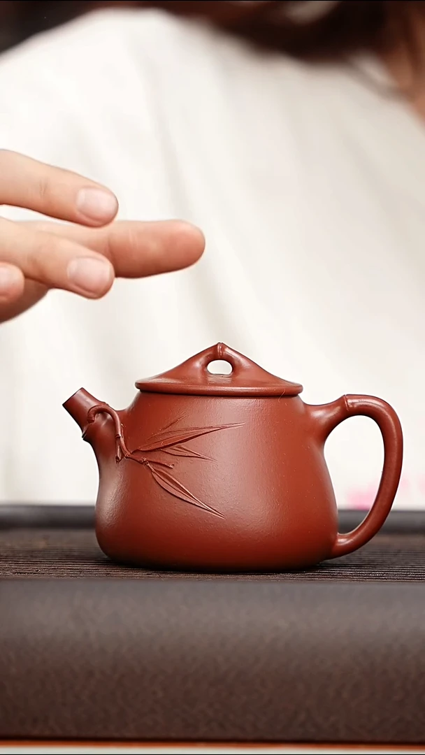 茶壶紫砂郑军朱泥贴竹高瓢160cc