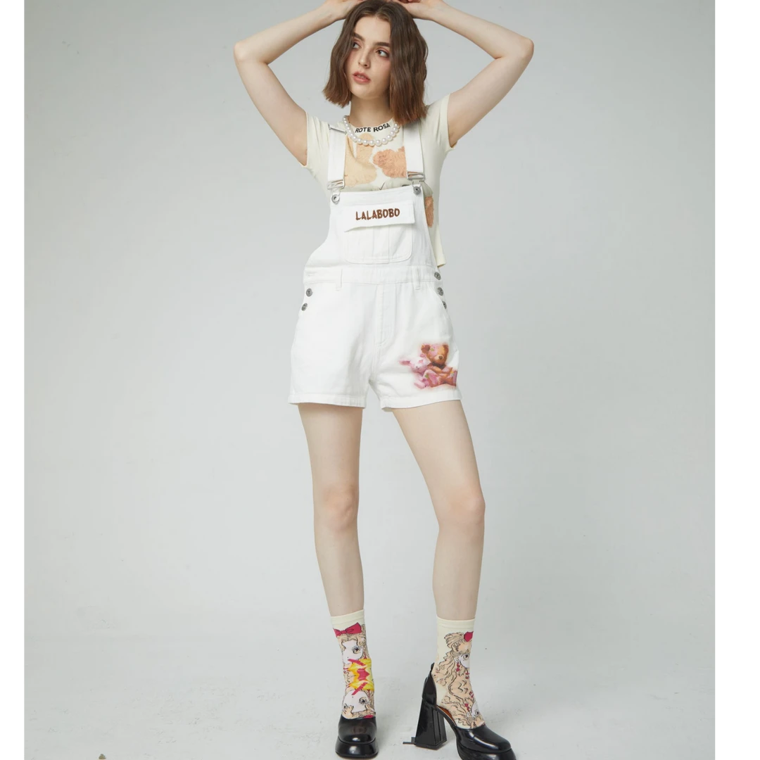 LALABOBO春季款复古休闲背带牛仔短裤