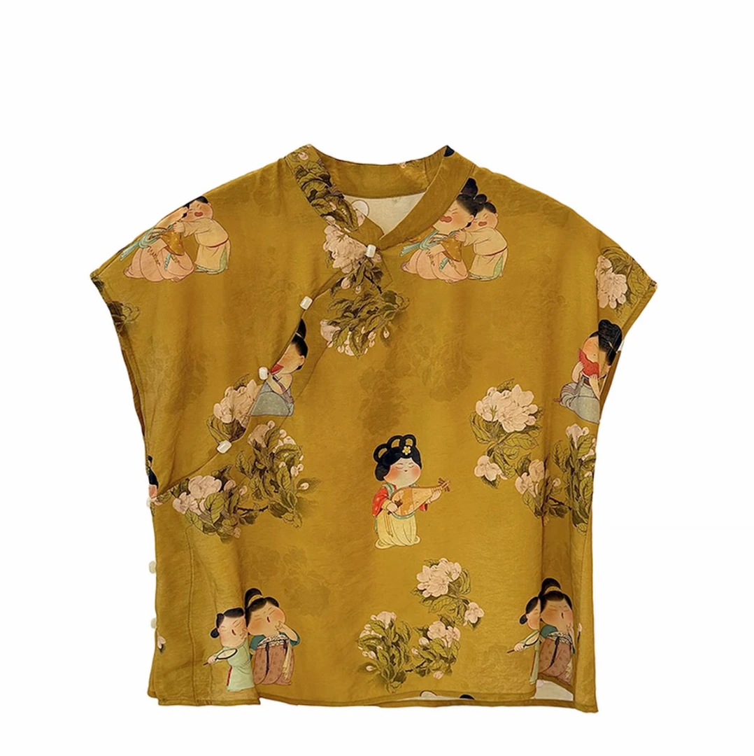 【小唐人】新中式黄色小飞袖衬衫女夏斜襟禅意上衣高端轻国风薄款