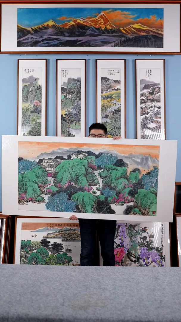 【闪购商品】国画张光南《青绿山水》手绘含框173*83