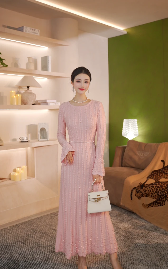 【粉色马卡龙】圆领套头高腰长袖提花立领连衣裙裙子纯色女士