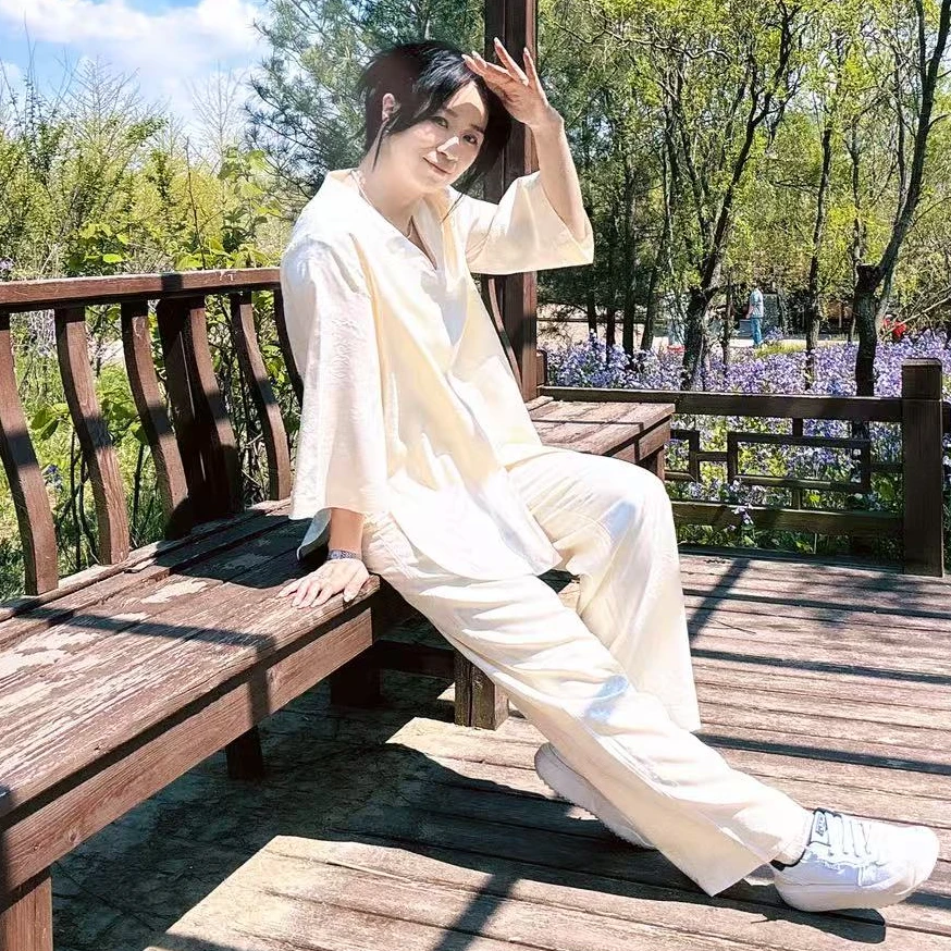 櫟丝御锦柞蚕丝稀有老料子纯色夏季女士提花时尚套装 25161