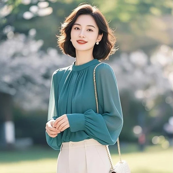 法式高级小众圆领衬衫女2026春季新款灯笼袖衬衣职场通勤内搭上衣