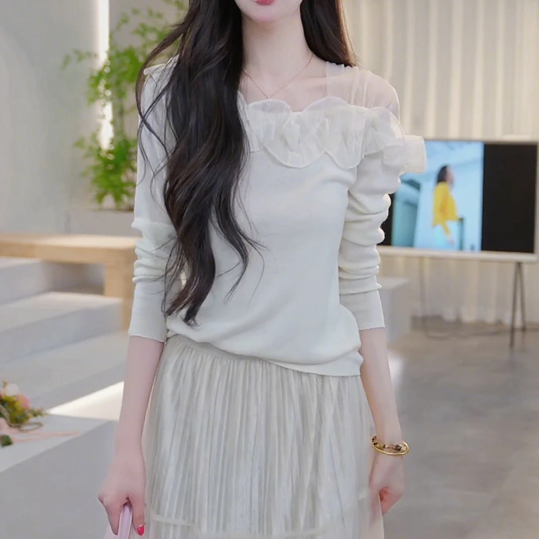 法式气质荷叶边斜领针织衫女秋季2025新款高级感拼接百搭减龄上衣