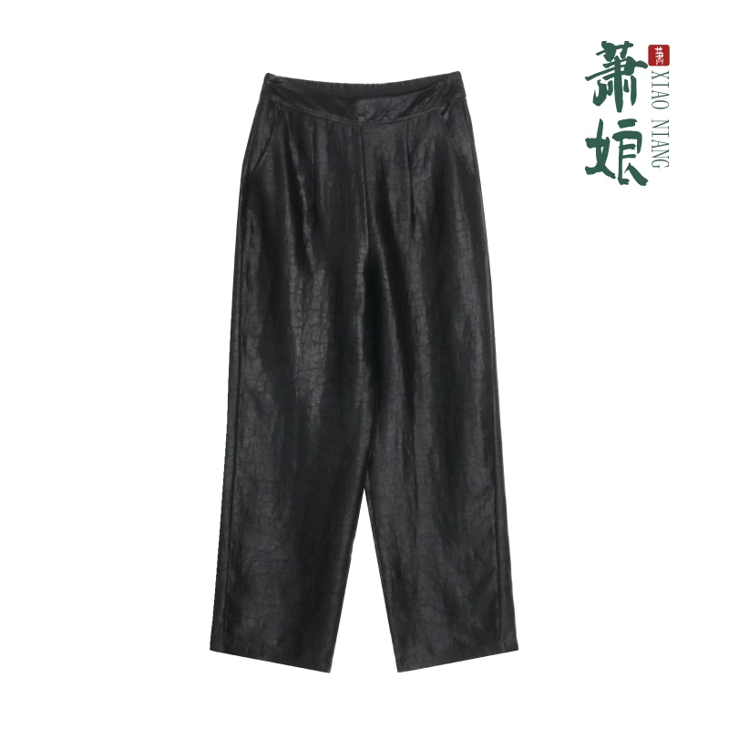 萧娘【金榕】缎龟香云纱新中式直筒裤桑蚕丝百搭宽松国风女裤1987