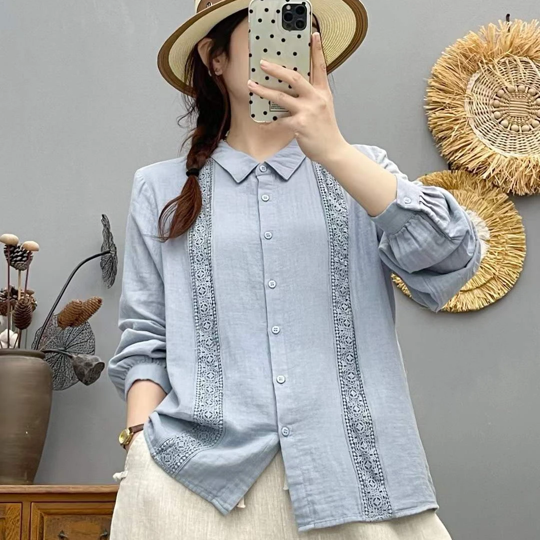 2025秋季新款纯棉衬衫女长袖文艺宽松翻领花边休闲百搭棉纱衬衫女