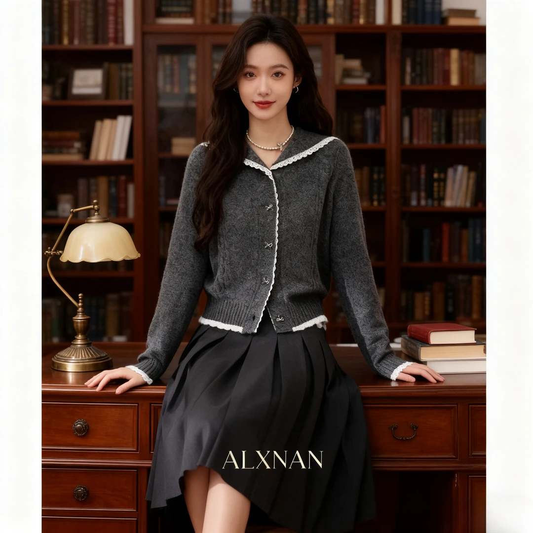 【大码】「月下手信」灰色披肩长袖针织毛衣女秋冬保暖修身上衣1460