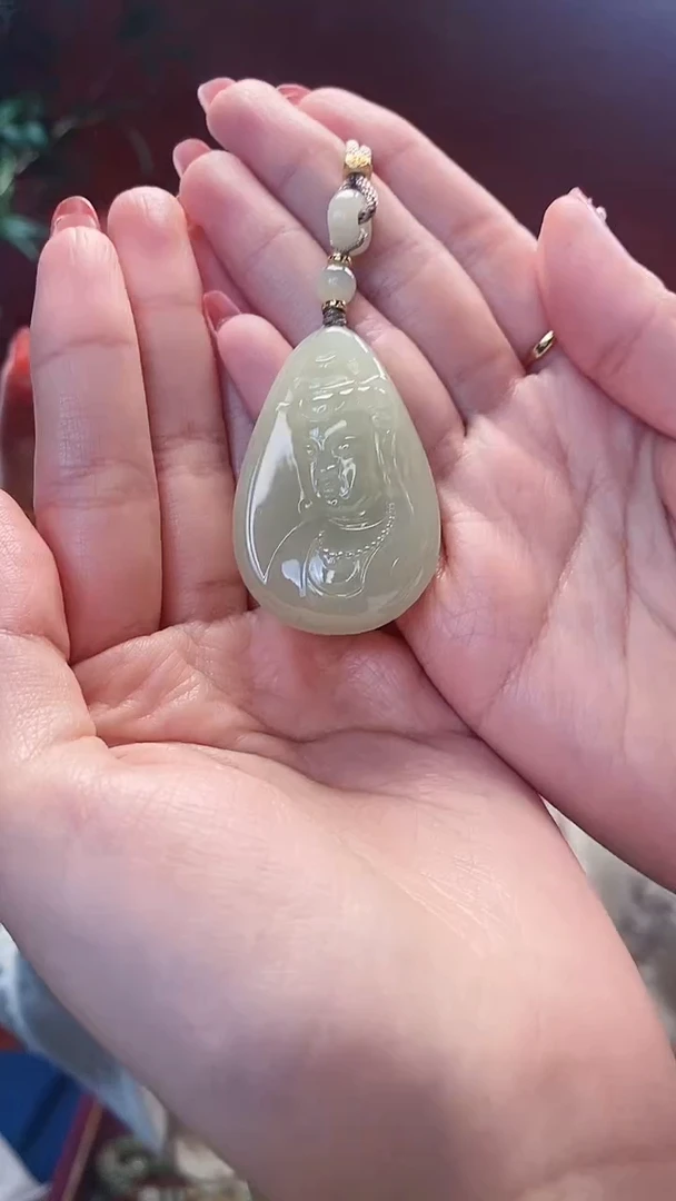 【闪购商品】和田玉挂件未镶嵌甘黄水滴形观音吊坠约45*30mm