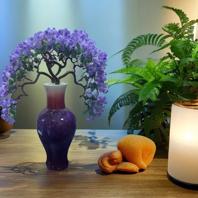 【卓越轻奢原创】福禄葫芦紫水晶树摆件陶瓷迎客松摆件纯手工