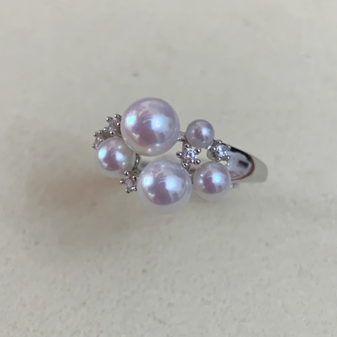 珍珠戒指7mm极光镜面淡水AK珠无暇珍珠小众饰品轻奢