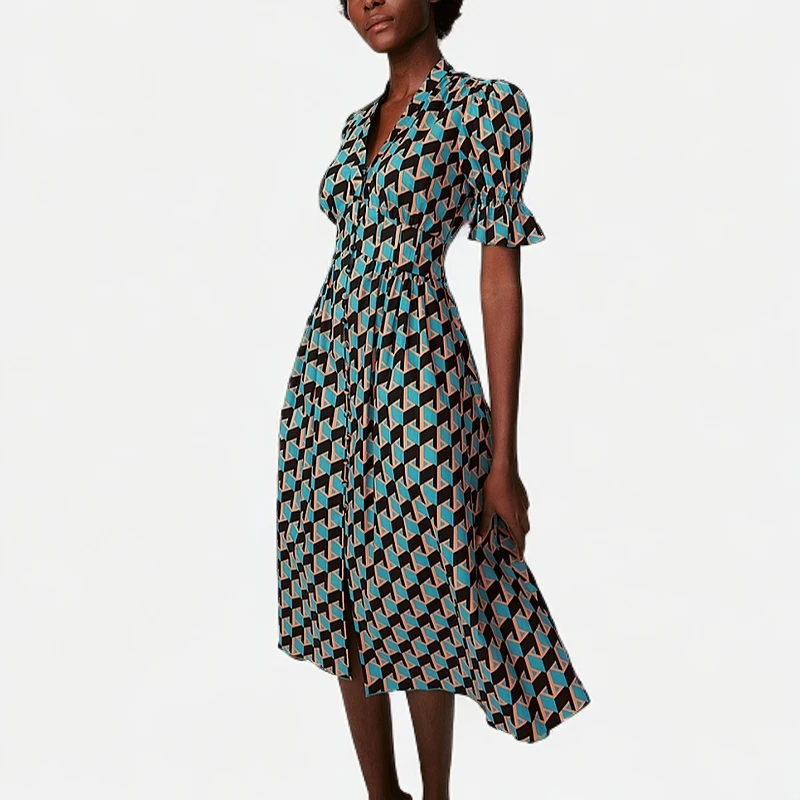 葭恩25新款棕绿色剪影几何图案连衣裙0778