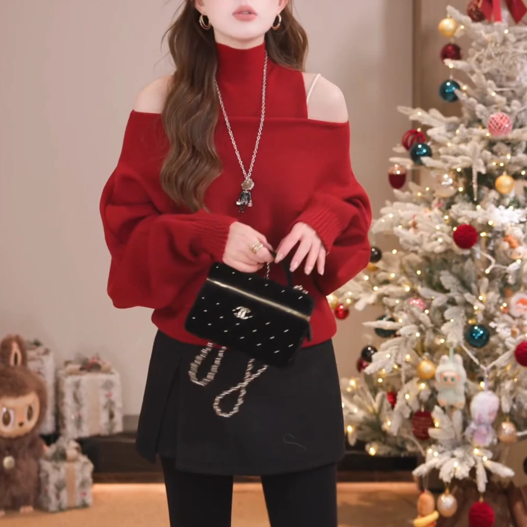 秋冬新款氛围感慵懒纸片人 立领背心+蝙蝠袖针织毛衣女LK2508996