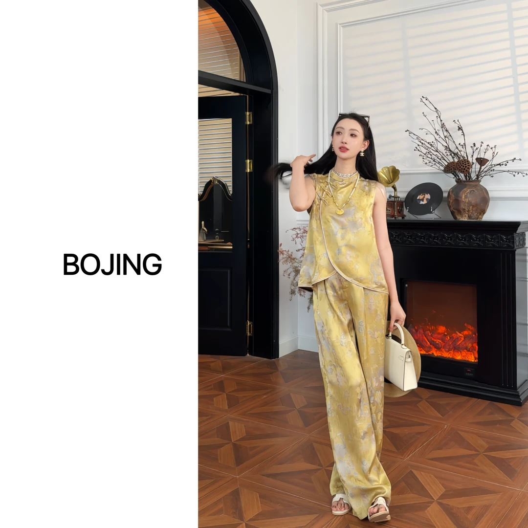 现货【象钱看】夏季新中式休闲百搭修身显瘦复古国风马甲休闲裤套装