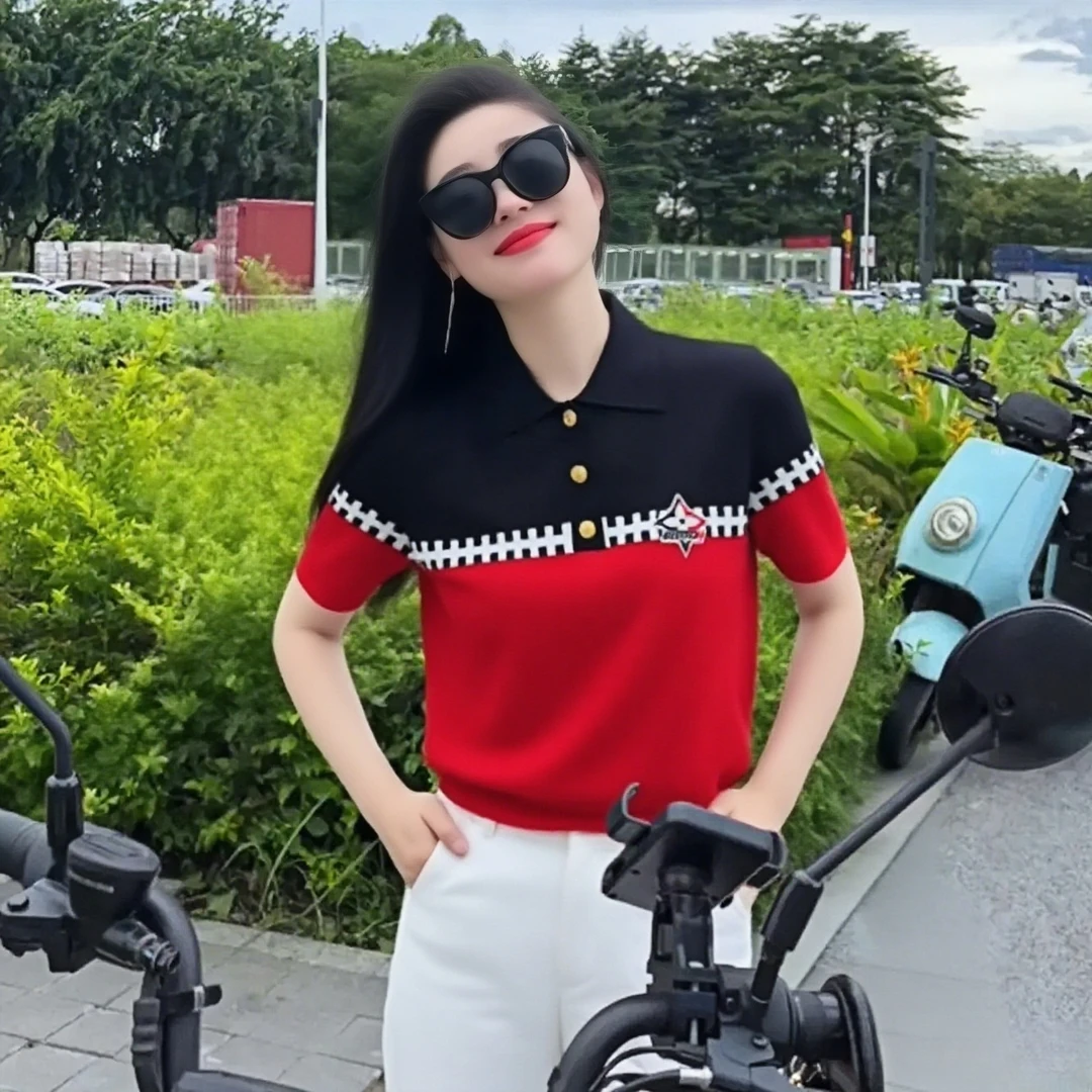 欧货高级感拼色Polo领针织衫女夏季新款小刺绣休闲通勤显瘦上衣
